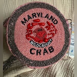 Beaded 'Maryland Wildcaught Crab' Round Crossbody - Pink & Red